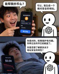 A Chinese-language meme features a man excitedly holding a smartphone displaying a wealth management app with a $50,000 figure, contrasted with him looking distressed in bed as the app shows $0.00, with ChatGPT logos and speech bubbles in the dialogue.