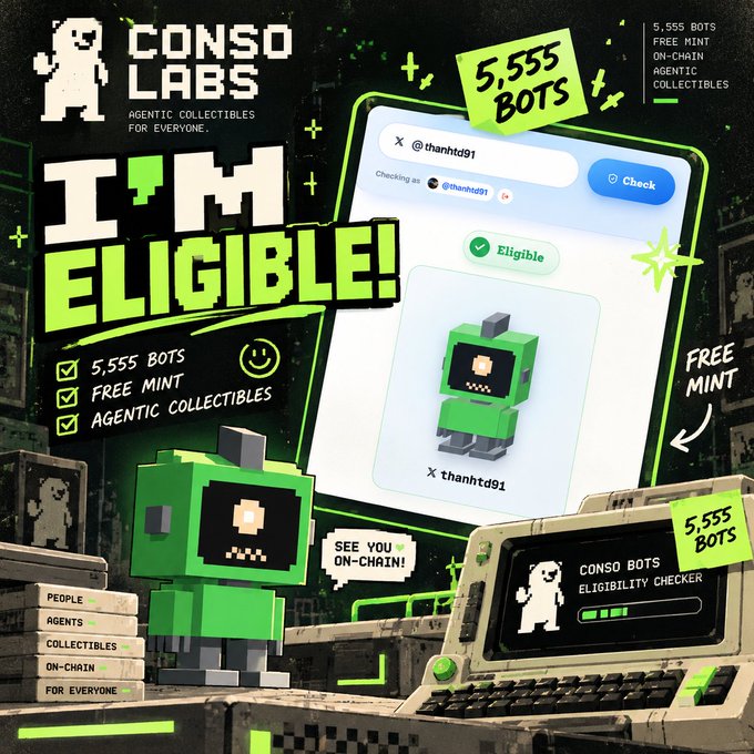 Promotional graphic for Conso Labs advertising 5,555 free mint on-chain agentic collectibles, featuring a green pixelated robot character and an eligibility checker for user @thanhtd91.