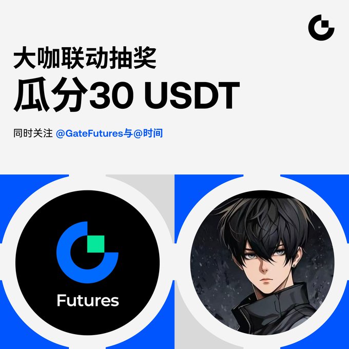 A promotional graphic in Chinese for a Gate.io Futures giveaway, offering to split 30 USDT among participants who follow @GateFutures and @时间.