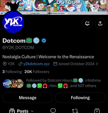 A Twitter/X profile page for 'Dotcom' (@Y2K_DOTCOM) with bio 'Nostalgia Culture | Welcome to the Renaissance,' showing 20K followers.