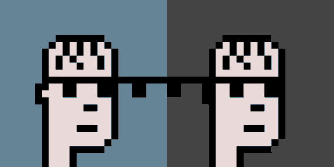 Two pixel-art characters stand side by side holding hands across contrasting backgrounds—one on a muted blue, the other on dark gray—visually representing the "Punk Pair" theme with a side-by-side split composition.
