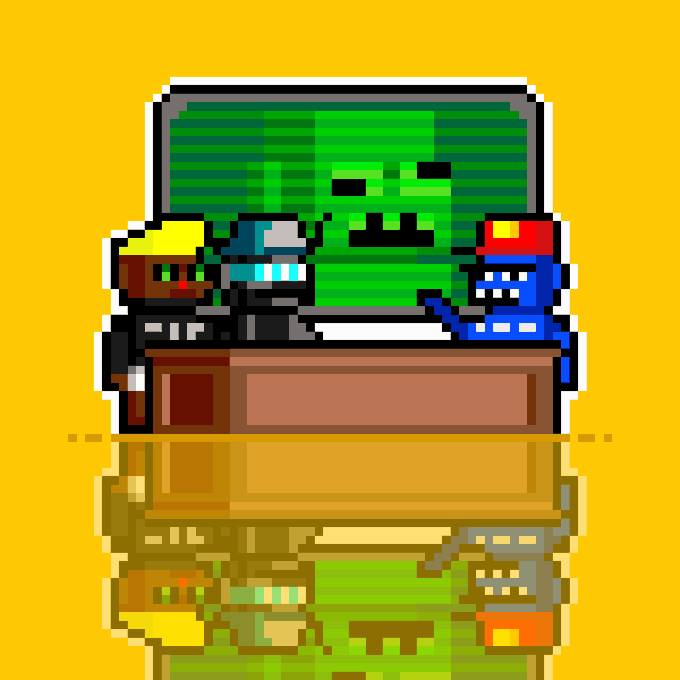 A pixel-art style illustration shows three blocky characters—a yellow figure, a blue robot, and a small character in a red cap—gathered around a desk watching a large monitor displaying a menacing green slime face, all reflected on a glossy surface below. The scene appears to depict a playful "newsroom" or "watch party" framing the post's mention of Zcash ($ZEC) enthusiasts ("Zecquotrons") monitoring the cryptocurrency's wallet or price movement.