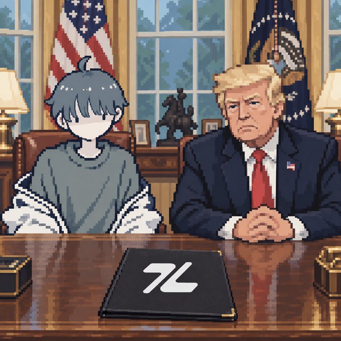 Pixel art depicting an anime-style character sitting next to Donald Trump at the Resolute desk in the Oval Office, with a folder displaying a stylized 'TL' logo.
