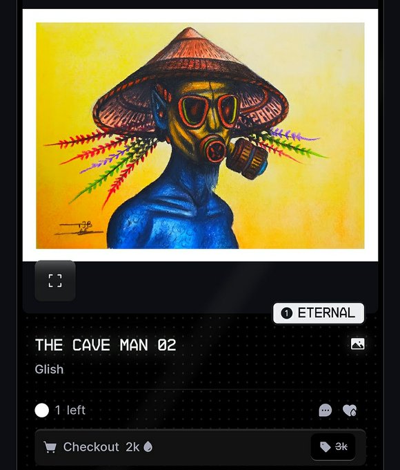 A digital art NFT titled "THE CAVE MAN 02" by Glish is displayed, showing a blue-skinned figure wearing a conical hat, gas mask, and colorful plumage, listed as an ETERNAL collectible with 1 left at 3k currency.