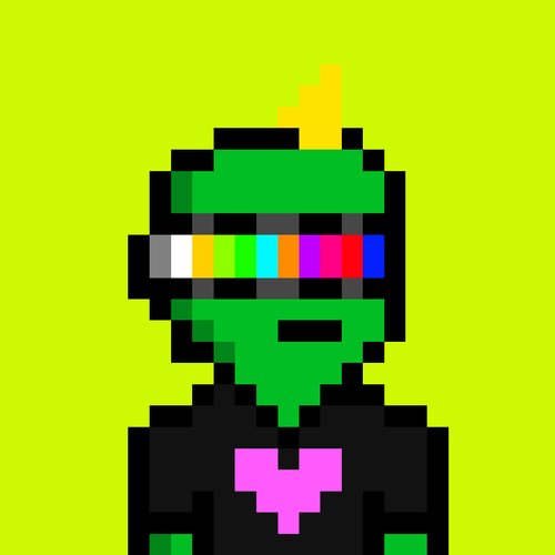 A pixel art character featuring a green-skinned figure wearing rainbow-colored visors and a yellow crown on a lime green background.