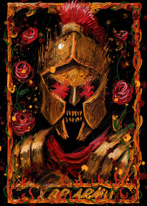 An ornate, dark fantasy illustration of a golden Spartan-style helmet with a red plume, featuring glowing red floral eyes, a skeletal grin, and red roses on either side, framed by a decorative border with the word 'LABRUM' partially visible at the bottom.