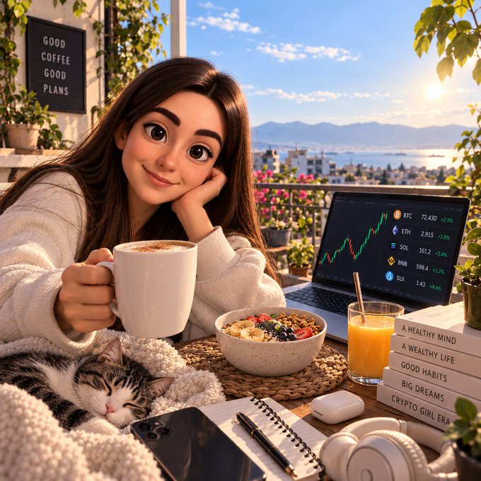 A stylized 3D animated illustration of a smiling brunette woman relaxing at a table with a coffee mug and fruit bowl, alongside a laptop displaying crypto tickers (BTC, ETH, SOL, BNB, SUI) and stacked books labeled 'A HEALTHY MIND', 'A WEALTHY LIFE', 'GOOD HABITS', 'BIG DREAMS', and 'CRYPTO GIRL ERA'.