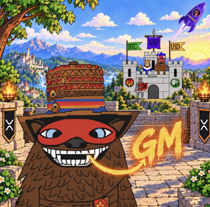 A digital illustration shows a cartoon bear wearing a hat and red mask, grinning with gold teeth, set against a fantasy landscape with flags labeled 'BTC', 'XRP', and 'USD', plus a glowing 'GM' text.