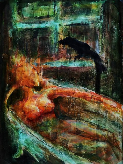 An abstract painting featuring dark, moody tones with orange and green brushstrokes, depicting a silhouetted raven or crow perched on what appears to be a structure.
