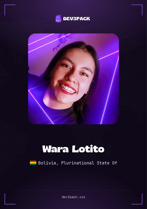 A profile card from "DEV3PACK" features a smiling young woman in purple-lit setting, with the name "Wara Lotito" and the location "Bolivia, Plurinational State Of" below her photo.