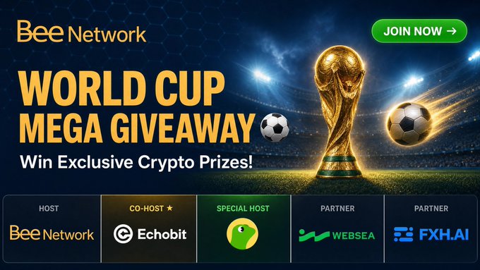 A promotional banner for Bee Network's "World Cup Mega Giveaway" featuring a golden FIFA World Cup trophy and two soccer balls against a stadium backdrop, with a "JOIN NOW" button and partner logos for hosts Bee Network, co-host Echobit, special host CoinGecko, and partners Websea and FXH.AI.
