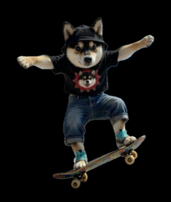 The image features a dog wearing a black shirt, blue jeans, and a hat while riding a skateboard with yellow wheels against a black background. The caption reads "Manyu - The Black Shib Rises" which refers to the Shiba Inu breed of dogs known for their intelligence, agility, and ability to learn tricks quickly. The image is related to the post because it showcases the dog's unique talent in skateboarding, capturing its impressive skills and making it a part of the conversation about the breed's abilities.