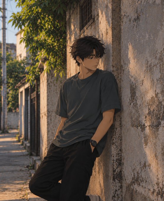 An anime-style illustration shows a dark-haired young man in a black t-shirt leaning against a weathered concrete wall in a sunlit alley.