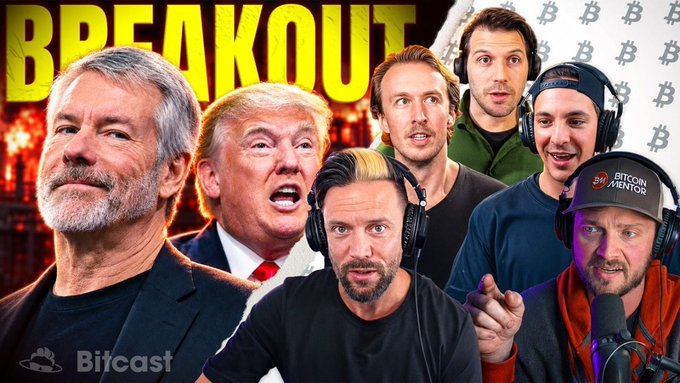 A podcast thumbnail titled 'BREAKOUT' featuring a collage of men including Donald Trump, with the BitCast logo and Bitcoin symbols in the background.