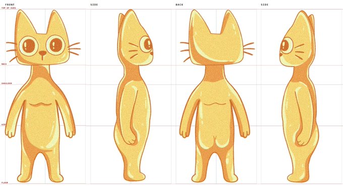 A character design reference sheet showing an orange cat-like figure from multiple angles (front, side, back, side) with labels for NECK, SHOULDERS, and FLANK.