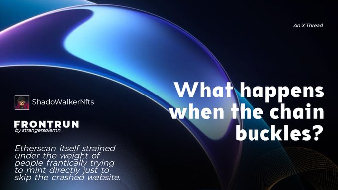The image shows a large blue circle with white text that reads "What happens when the chain buckles?" The caption below the image provides information about the post, stating that it was posted on April 30th, 2002 at 9pm Eastern Time. It also mentions that there is a link to another post titled "Yuga Labs dropped Otherdeeds; 55,000 plots of digital land tied to their upcoming Otherside metaverse". The text in the image and caption suggests that this post might be related to the development or release of a new project involving blockchain technology.