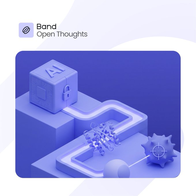 An app icon or promotional graphic for 'Band - Open Thoughts' featuring a 3D illustration of a lock-adorned AI cube connected by a glowing path to a target symbol.