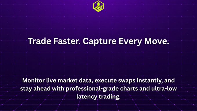 A purple gradient banner with a yellow cube logo displays the headline "Trade Faster. Capture Every Move." along with text promoting live market data, instant swaps, professional-grade charts, and ultra-low latency trading—reinforcing the post's message about Arrow Finance's trading tools.