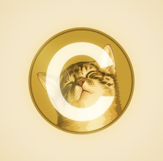 A digital illustration of a tabby kitten's face centered within a glowing letter 'C' inside a golden ring on a pale yellow background.