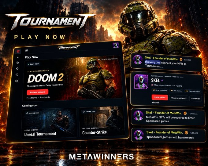 Promotional graphic for MetaWinners gaming platform featuring 'TOURNAMENT' branding, a Doom 2 'Classic Deathmatch' interface, announcements for Unreal Tournament and Counter-Strike, and posts from 'Skel - Founder of MetaWin' about sponsored games with NFT rewards.