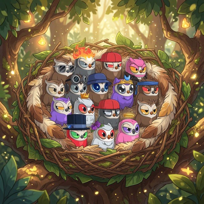 A whimsical illustration of a group of cartoon owls with various accessories (sunglasses, hats, crowns, flames) nestled together in a large woven nest in a glowing forest.