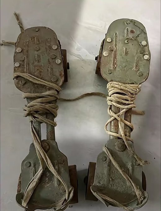 A pair of vintage roller skates with worn leather boots, metal plates, and wheels, secured with frayed cloth laces, rests on a white surface. The image illustrates the post's question about an old item, showcasing the antique footwear that likely sparks nostalgia or curiosity among viewers.