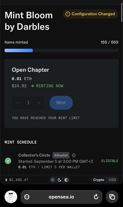 A screenshot of an OpenSea NFT minting page for "Mint Bloom by Darbles," showing 166/669 items minted at 0.01 ETH ($24.92) with a message indicating the user has reached their mint limit.