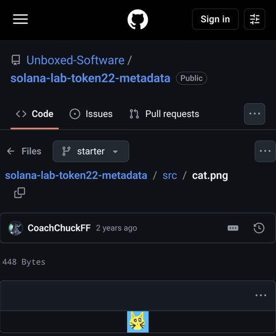 A GitHub repository page for "Unboxed-Software/solana-lab-token22-metadata" displays a small cat.png file (448 Bytes) in the src folder, uploaded by CoachChuckFF 2 years ago. The image supports the post's claim about Solana having a cat Easter egg hidden in their GitHub for years.