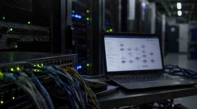 A data center scene showing server racks with green status lights alongside a laptop displaying network diagrams on its screen.