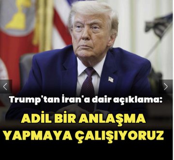 The image features a man wearing a suit, sitting at a desk with his hands together. The text "Trump' tan Iran a dair agiklaama" is displayed above him, which translates to "Trump says Trump". Below this, there are two lines of text in another language that say "Anlısıyoruz", possibly referring to Bitcoin or the cryptocurrency market.