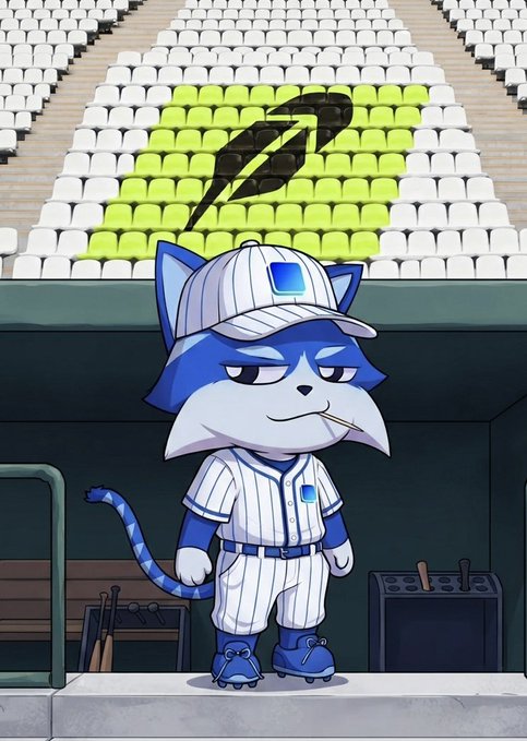An anime-style illustration of a blue cat character in a baseball uniform standing in a dugout, with a stadium filled with yellow and white seats featuring a lightning bolt logo behind him.