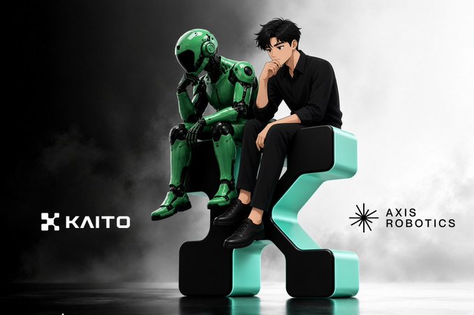 A promotional image featuring a green robot and a black-haired anime character in a black outfit sitting on a teal bench, with logos for 'KAITO' and 'AXIS ROBOTICS'.