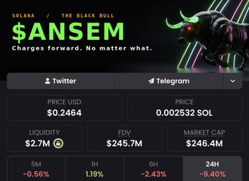 The image displays a cryptocurrency tracker page for the Solana-based token "$ANSEM," subtitled "The Black Bull" with the tagline "Charges forward. No matter what," showing a current price of $0.2464 (0.002532 SOL), a market cap of $246.4M, and a 24-hour decline of -9.40%. The accompanying post asks whether "$CASHCAT" could flip "$ANSEM," directly referencing this token displayed in the image as a comparison benchmark for the smaller competitor's potential market cap growth.