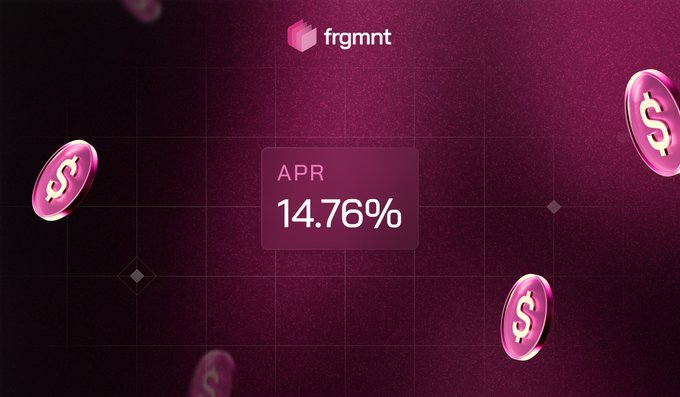 A pink promotional graphic by 'frgmnt' showing an APR of 14.76% surrounded by floating dollar coins.