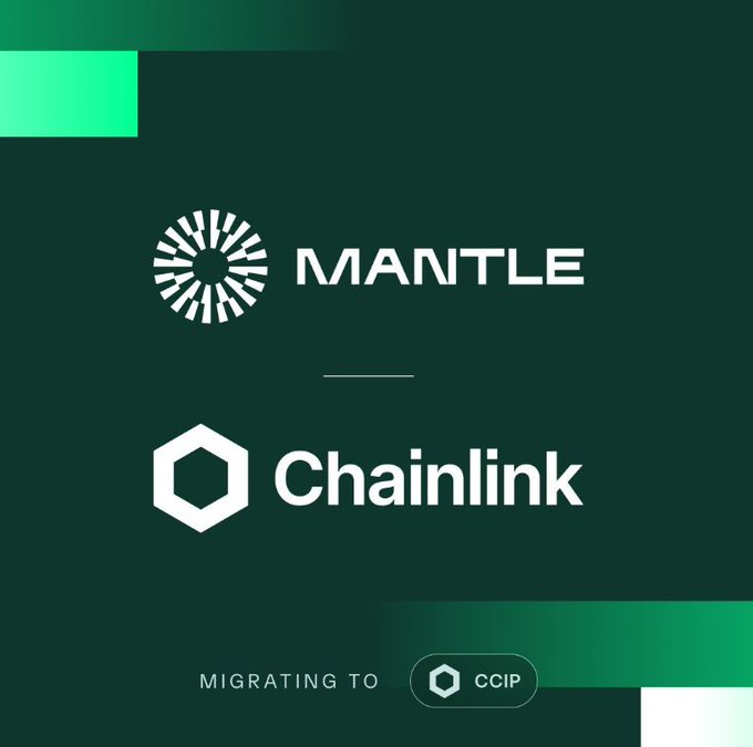 A promotional graphic with a dark green background announcing that Mantle is 'MIGRATING TO' Chainlink, featuring the Chainlink CCIP logo.