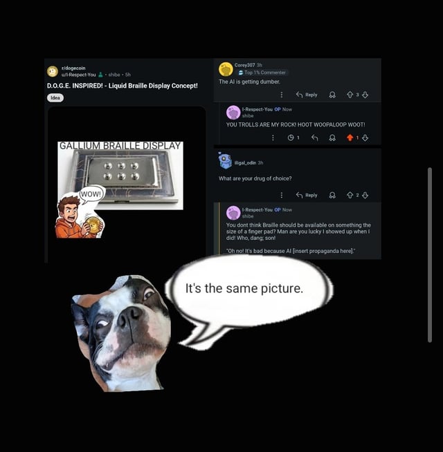 A Reddit screenshot shows r/dogecoin post titled "D.O.G.E. INSPIRED! - Liquid Braille Display Concept!" featuring a gallium braille display, alongside comments where one user, Coreyj327, says "The AI is getting dumber." A doge image below quips "It's the same picture," humorously highlighting the repetitive recycling of old content for engagement on the subreddit.