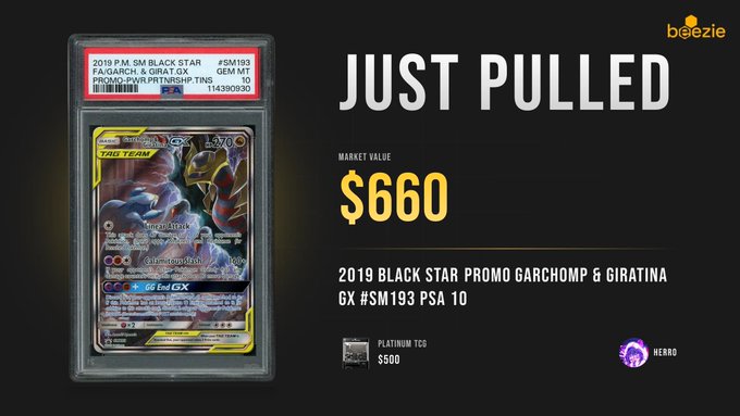 A PSA 10 graded 2019 Pokémon Black Star Promo Garchomp & Giratina GX card (#SM193) is displayed alongside "JUST PULLED" text, showing a market value of $660. The image promotes a Pokémon card pull ("grail") from beezie.com, fitting the post's theme of showcasing rare card finds as a token reward incentive.