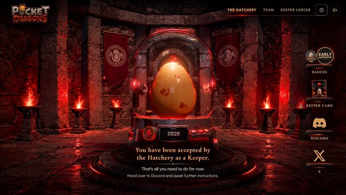 A screenshot from 'Pocket Dragons' shows a glowing egg on a pedestal in a fiery dungeon, with the text 'You have been accepted by the Hatchery as a Keeper.'