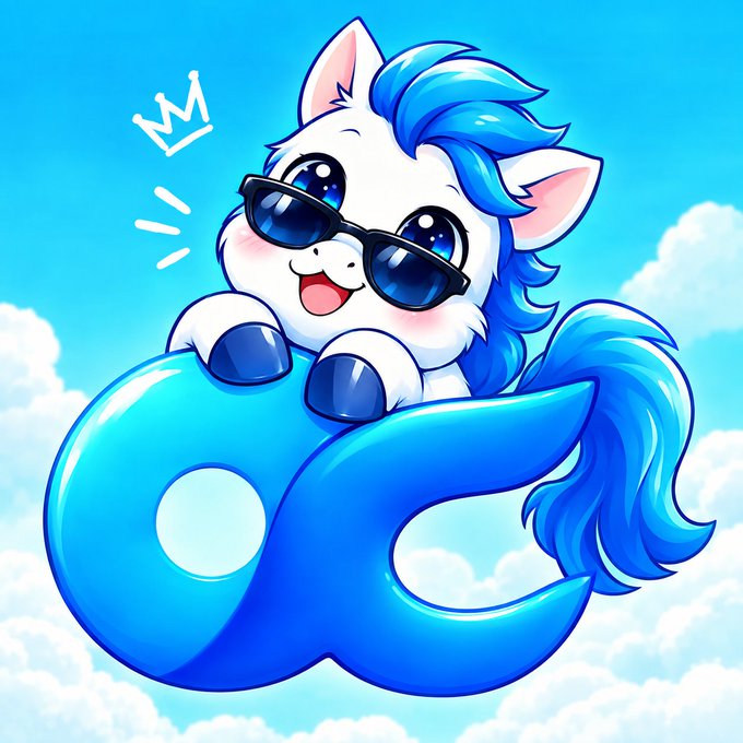 A cartoon illustration of a cute white and blue pony-like creature wearing black sunglasses, sitting atop a glossy blue abstract shape against a cloudy sky background, with a small white crown drawn nearby.