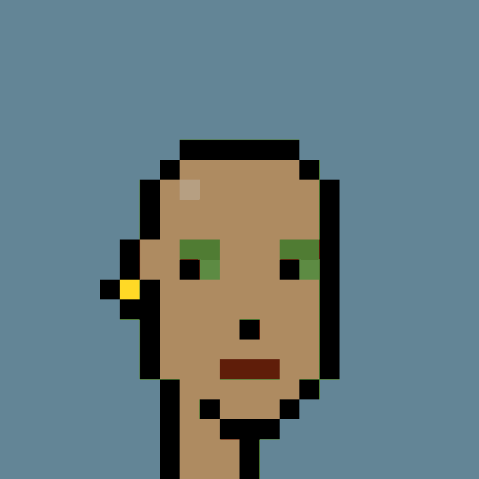 A pixel art portrait of a bald, peach-skinned character with green eyes, a small nose, red lips, and a yellow earring on its left ear, set against a solid blue background—representing CryptoPunk #3637, which was purchased for 29.38 ETH (~$72,043).