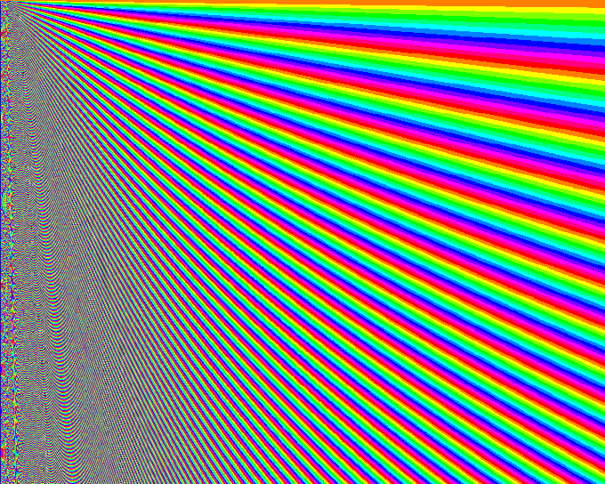A psychedelic abstract image featuring diagonal rainbow stripes that distort into a warped, glitchy texture on the left side, creating a moiré or interference pattern effect.