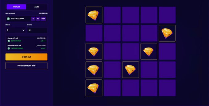 A screenshot of a crypto gambling game interface showing a 5x5 grid with diamond tiles, a bet amount of 102.34 USD using 162.4 XO tokens, and a 'Cashout' button.