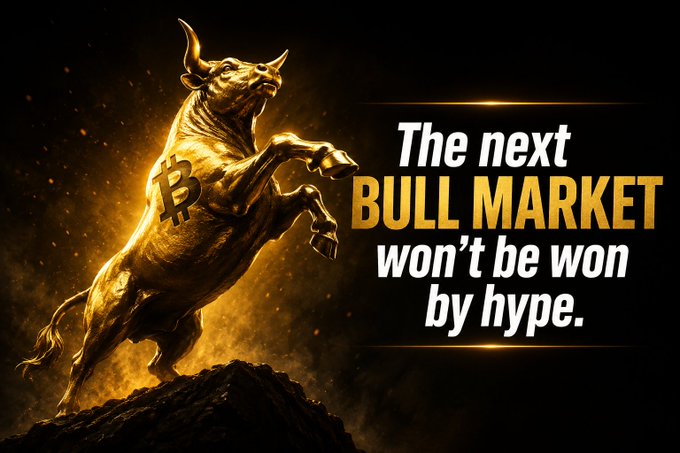 A golden bull statue with a Bitcoin logo rears up on a rocky mound against a dark, ember-filled background, accompanied by the text "The next BULL MARKET won't be won by hype." The image visually reinforces the post's message by symbolizing a powerful bull market rise driven by substance—real users, products, and ecosystems—rather than empty hype, tying into the $BTC and #BNB references.