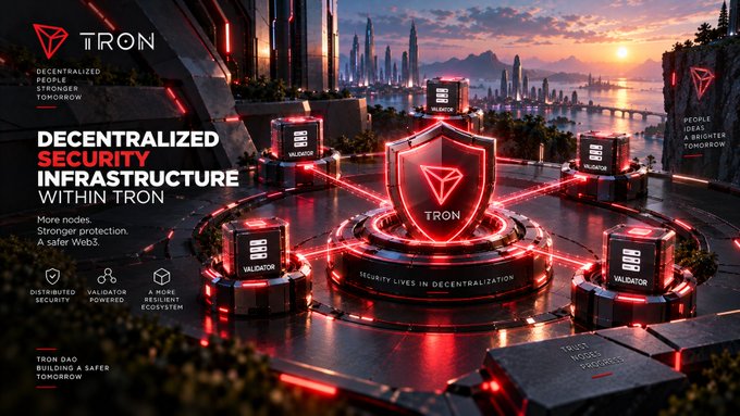 A promotional banner for TRON cryptocurrency highlighting 'DECENTRALIZED SECURITY INFRASTRUCTURE WITHIN TRON' with futuristic red and black imagery of validator nodes and a shield emblem.