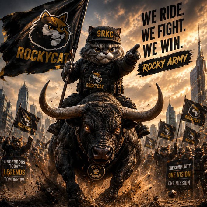 A dramatic illustration features an armored cat wearing a hat labeled '$RKC' riding a charging black bull, with flags bearing 'ROCKYCAT' logos and text reading 'WE RIDE. WE FIGHT. WE WIN.' and 'ROCKY ARMY'.