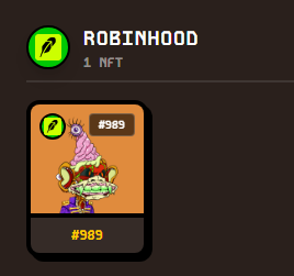 A Robinhood NFT card #989 features a quirky mutant character wearing a party hat, with the caption referencing the LilMutants and RobinhoodCrypto collections and humorously questioning how this strange creature ended up featured on the card.