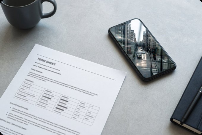 A printed document titled "TERM SHEET" lies on a desk next to a smartphone displaying a city street, a black coffee mug, and a notebook with a pen.