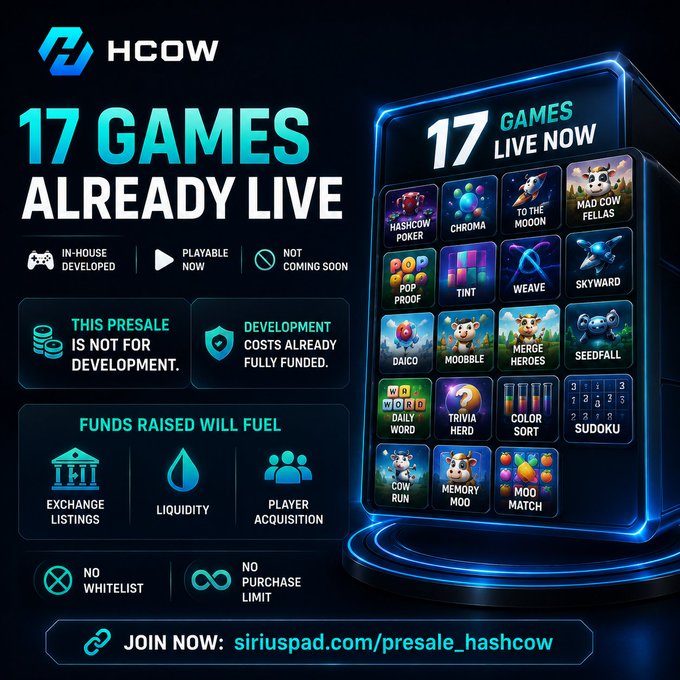 A promotional graphic for HCOW announces '17 GAMES ALREADY LIVE', showcasing a grid of playable games like Hashcow Poker, Chroma, To The Moon, and Sudoku, with a presale link at siriuspad.com/presale_hashcow.