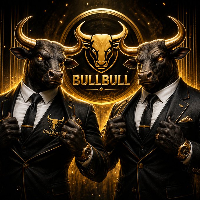 Two fierce black bulls with golden horns stand in dark suits against a gold cosmic backdrop, flanking a central emblem displaying a bull's head and the text "BULLBULL," perfectly capturing the post's bullish memecoin branding and "unleashed" energy.