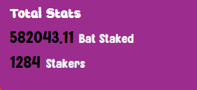 A pink screen displays 'Total Stats' with '582043.11 Bat Staked' and '1284 Stakers'.